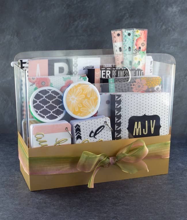 Office themed gift basket containing stationary.
