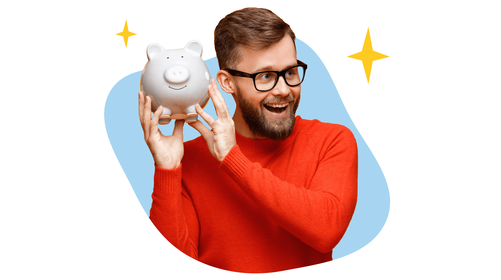 Smiling man in glasses and a bright orange shirt holds up a white piggy bank, surrounded by stylized sparkles.